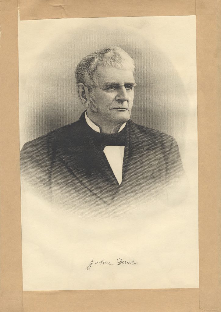 Retrato de John Deere em torno de 1880, tirado no Estúdio Brandt, em Chicago. Uma gravura dessa foto foi usada em vários álbuns biográficos e guias de cidades